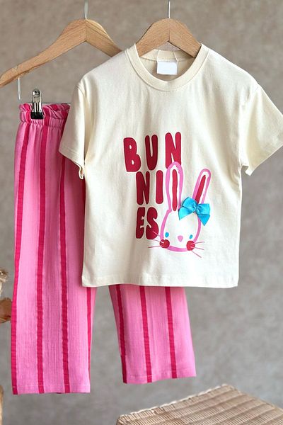 Lolliboomkids Girl's Muslin Jogger Pants Printed Ribbon Cute Rabbit Detailed Underwear Set