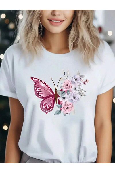 PENTHİLUS Soft Butterfly Print Comfortable Casual T-Shirt