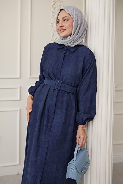 InStyle Shirt Collar Belted Plain Navy Blue Dress