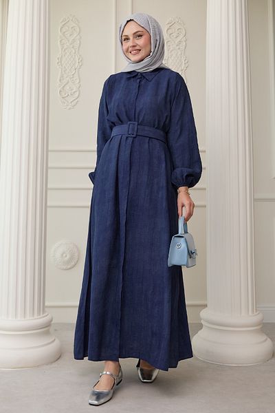 InStyle Πουκάμισο γιακά Ζώνη Απλό Μπλε Ναυτικό Φόρεμα