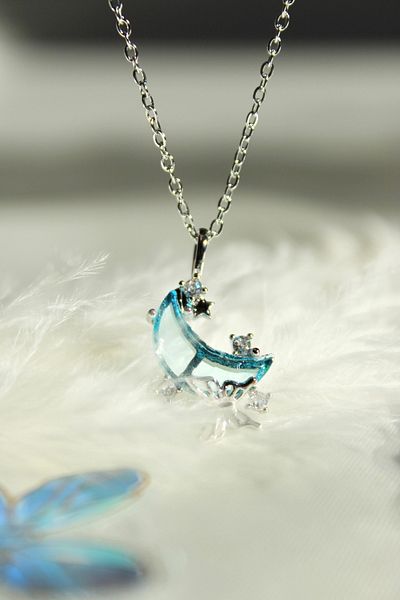 Harlofia Jewelry Blue Moon Butterfly Necklace with Steel Stone Detail