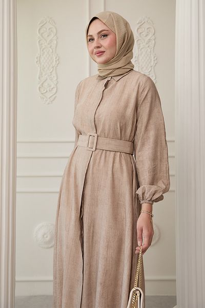 InStyle Πουκάμισο γιακά Ζώνη Απλό Μπεζ Φόρεμα