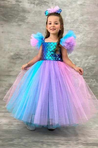 DeKuBaby Super Concept Mermaid Sequin Patterned Girl's Evening Dress-Party-Birthday Costume with Tulle Puffy Skirt