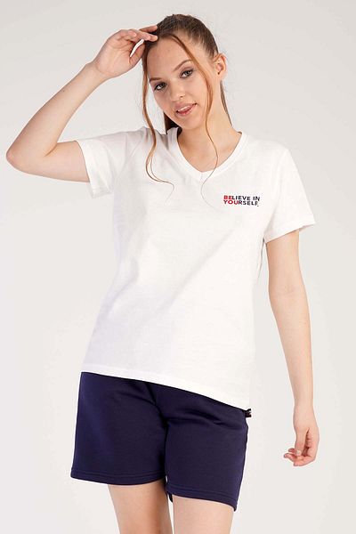 VİENETTA Set de pijamale cu mânecă scurtă, alb, cu 3 fire, cu decolteu în V, pentru femei, cu pantaloni scurți, 3010070000