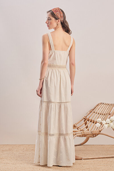 Mavlo Soft Rose Nakışlı Koton Maxi Elbise