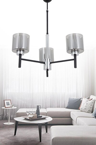 Taşcan Aydınlatma Pier 3 Lü Siyah Krom Avize-Füme Camlı Dekoratif Tasarım Yat...