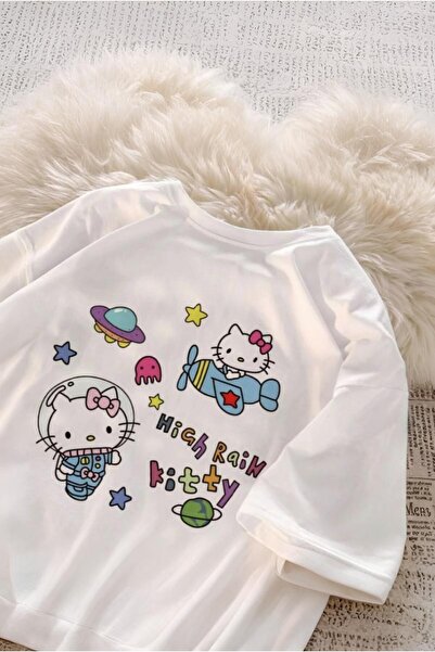 weywot Tricou alb cu imprimeu în față Hello Kitty cu ploaie mare