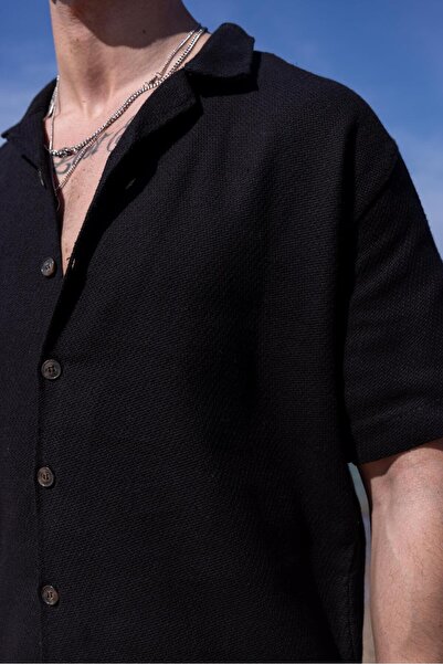 Pobudo Black Color Men's Linen Set: Shirt and Shorts