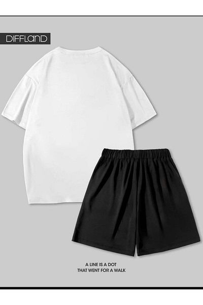 SELENA BUTİK Unisex Block White T-Shirt Black Shorts Top Bottom 2 Piece Set