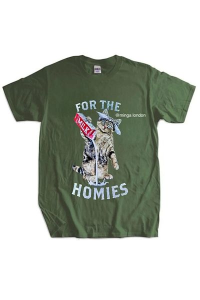 weywot Milk Shed Cat Khaki Color Front Printed Oversize T-Shirt