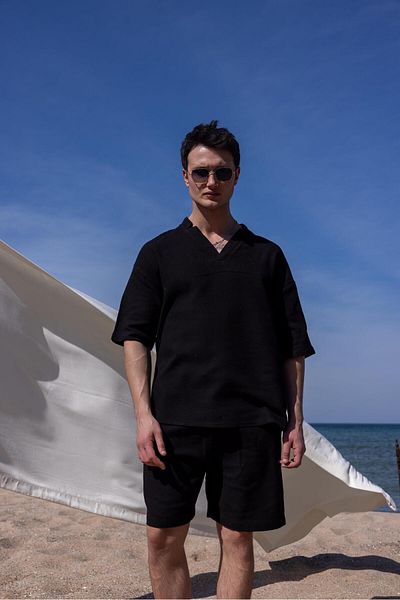 Pobudo Black Color V-Neck Shirt Shorts Men's Washed Linen Set