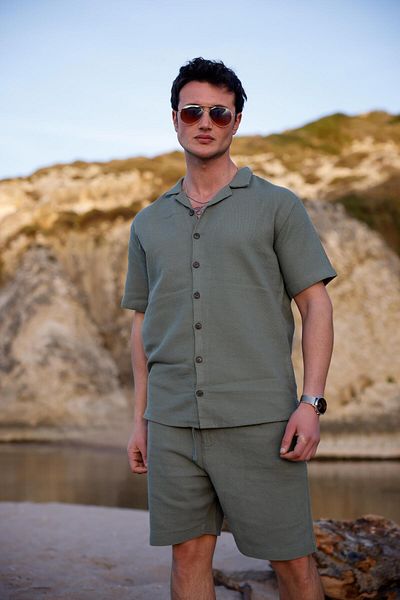 Pobudo Khaki Color Men's Linen Set: Shirt and Shorts