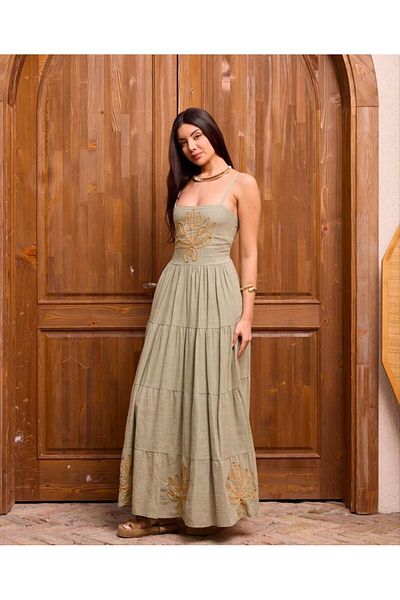 FASHION COCKTAIL Gold Embroidery Leaf Strap Elegant Seaside Long Dress