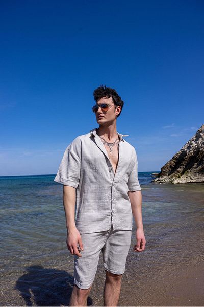 Pobudo Linen Fabric Gray Color Pocket Detailed Shirt Shorts Men's Set