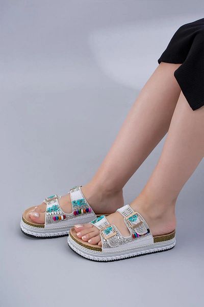 Guja Papuci de damă cu talpă groasă din paie cu model de piatră cu cataramă dublă