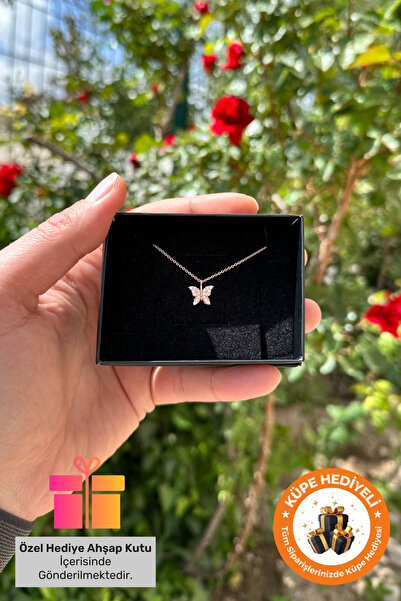 Lucente Jewellery Özel Hediye Kutulu 925 Ayar Rose Gümüş Kaplama Kelebek Model Yılbaşı Kelebekli Özel Tasarım Kolye