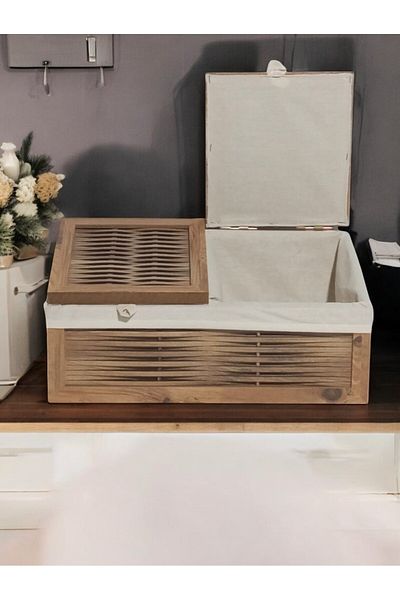 woodluck Wooden 2-Door Bread and Potato Onion Basket with Washable Fabric (Atlantic Pine)