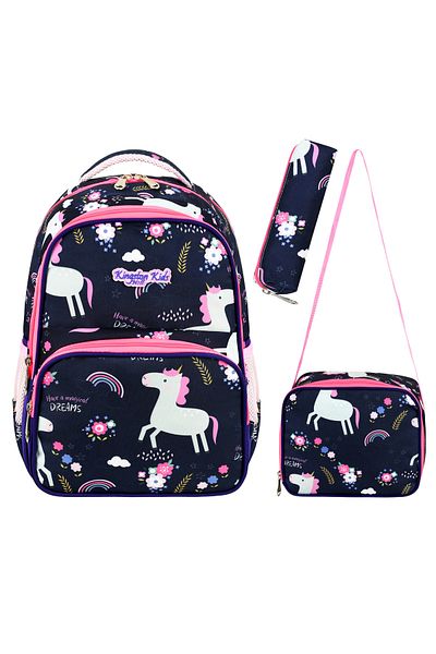 Kingston Hill Set de 3 ghiozdane pentru școala primară cu licență Unicorn (ghiozdan + nutriție termică + suport pentru stilou)