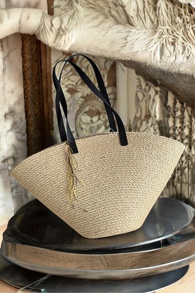 Bohemahomedecor Μαύρη δερμάτινη λαβή Ψάθινη τσάντα ώμου από γιούτα καθημερινή παραλία