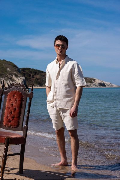 Pobudo Linen Fabric Cream Color Pocket Detailed Shirt Shorts Men's Set