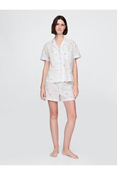 GAP Kadın Kırık Beyaz İşlemeli Pijama Boxer Şort