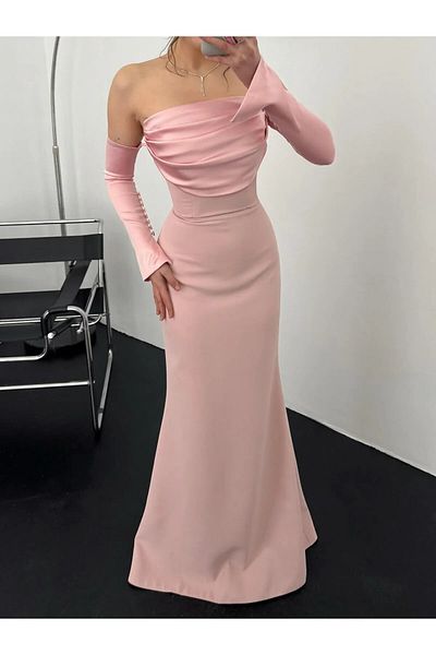 Zoe Zoe Satin Buttoned Attached Sleeve Draped Strapless Neckline Long Wedding Party/Prom/Homecoming/Engagement Dress