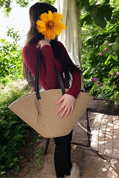 Bohemahomedecor Μαύρη δερμάτινη λαβή Ψάθινη τσάντα ώμου από γιούτα καθημερινή παραλία