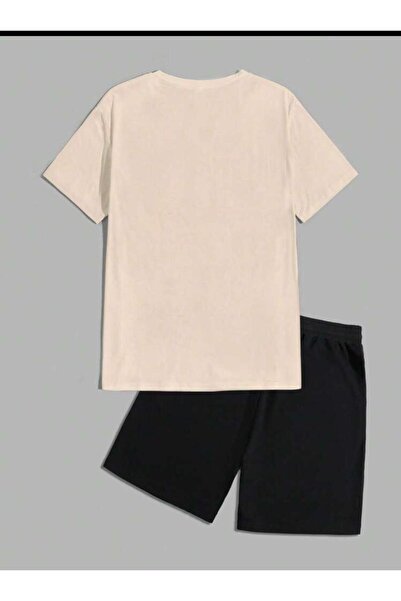 SELENA BUTİK Унісекс Амстердам Бежева футболка Чорні шорти Верх Нижній комплект 2 Li