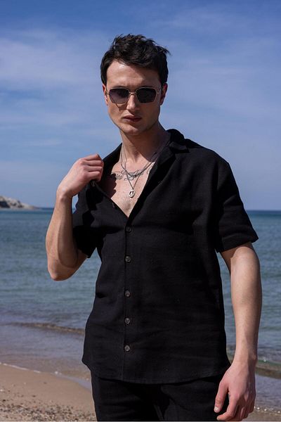 Pobudo Black Color Men's Linen Set: Shirt and Shorts