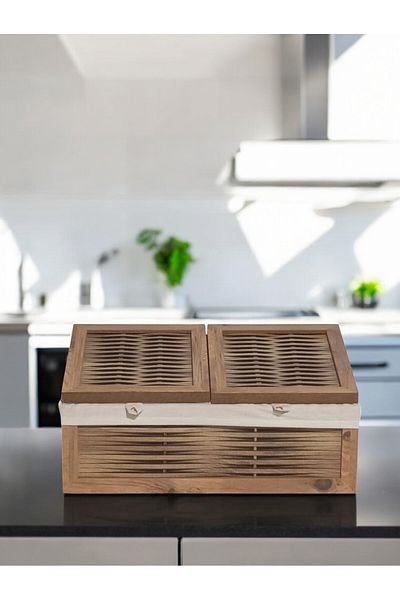 woodluck Wooden 2-Door Bread and Potato Onion Basket with Washable Fabric (Atlantic Pine)