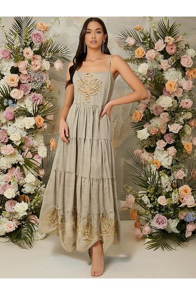 FASHION COCKTAIL Gold Embroidery Leaf Strap Elegant Seaside Long Dress