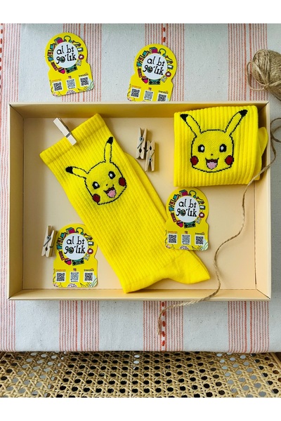 AL Bİ 90LIK POKEMON PİKACHU ÇİZGİ FİLM KARAKTER DESENLİ SARI PAMUKLU SOKET ÇORAP