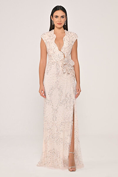 ALFABETA Alfa Beta Kadın Dekolteli Beli Çiçek Aksesuarlı Payet Uzun Abiye Elbise