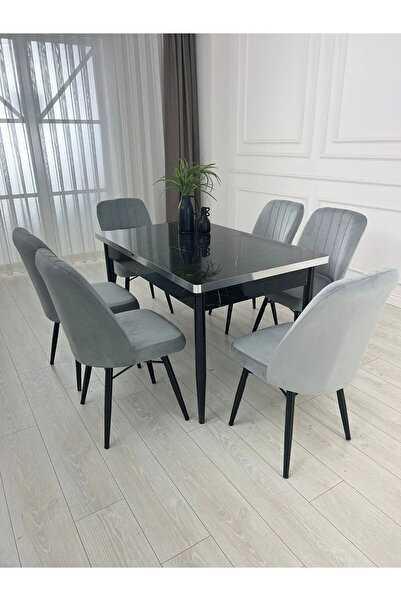 MEDA CONCEPT 6 Kişilik Açılabilir Yemek Masası Takımı 6 Sandalyeli Siyah Merm...