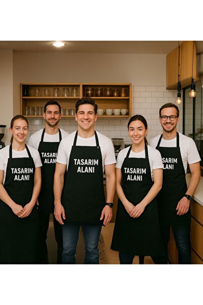 Bk Gift Kişiye Özel Logolu Mutfak-Atölye 5'li Profesyonel Siyah Mutfak Önlüğü...