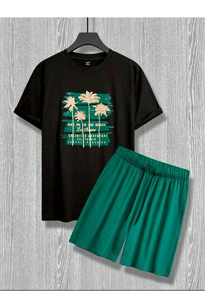 SELENA BUTİK Unisex Black T-Shirt Green Shorts Top Bottom 2 Piece Set