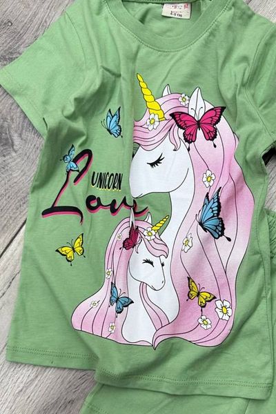 eQru Store Unicorn Printed Green T-Shirt and Shorts Girl's Summer Suit