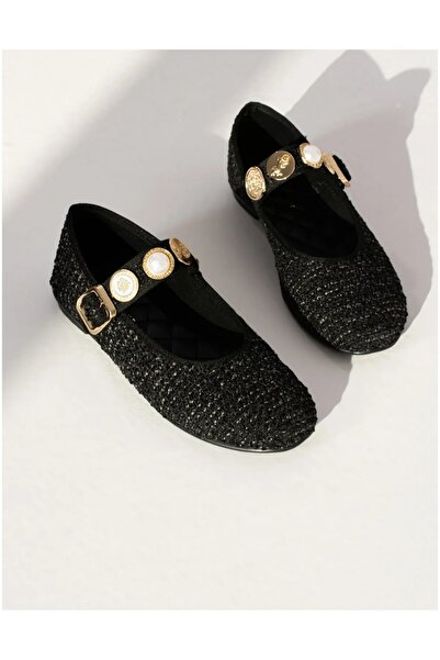 POLENS حذاء نسائي أسود يومي باليه مسطح مزود بإبزيم قابل للتعديل من قماش التوي...