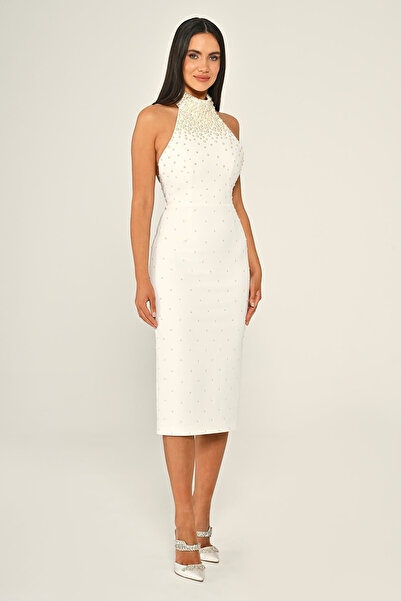 ALFABETA Halter Yaka Boncuklu Krep Midi Abiye Elbise Alfa Beta B7028