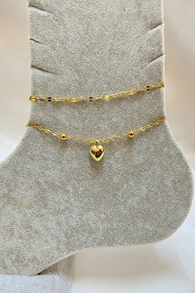 X-Lady Accessories Altın Renk Kalp Model Singapur Ve Top Zincir Çelik Halhal - 3298