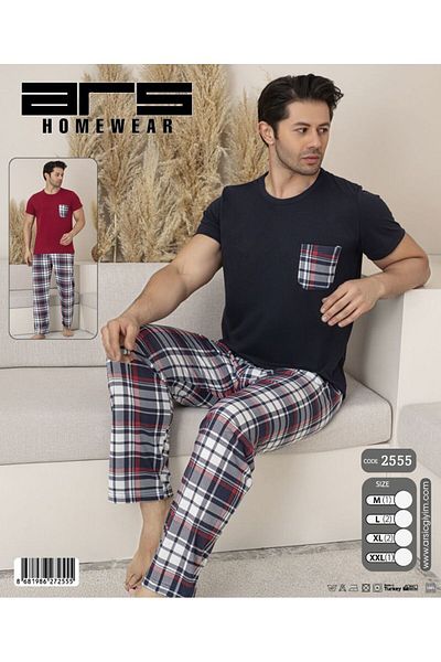 Ars Men's Pajama Set Short Sleeve Quality Cotton Plaid Six Check Men's Pajama Set Cotton