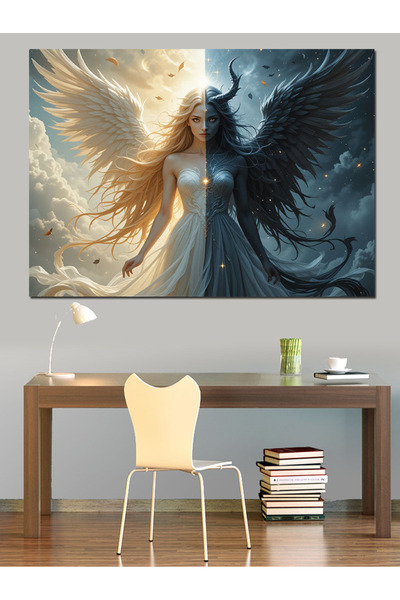 ekart Beyaz Siyah Melek Figürü Dekoratif Kanvas - Mdf Ahşap Tablo
