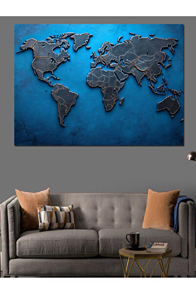 KanvasSepeti Hartă lumii din metal albastru Pictură în ulei Texturată Pânză d...