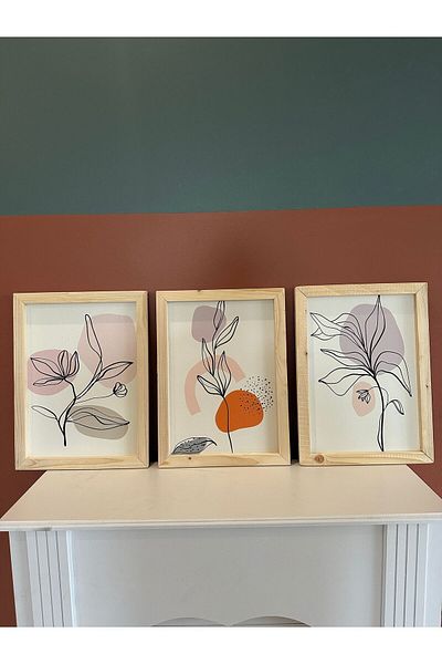 NT Handmade Natural Wood Framed Set of 3 Bohemian Flowers Painting Set Wall Decor for Living Room Bedroom Kitchen