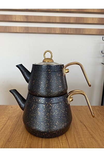 Genel Markalar Metal Gold Renk Kulplu Cam Kapaklı Granit Çaydanlık Siyah Üst ...