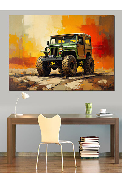 KanvasSepeti Жълт фон Джип Декоративна маслена живопис Текстурирана висококач...