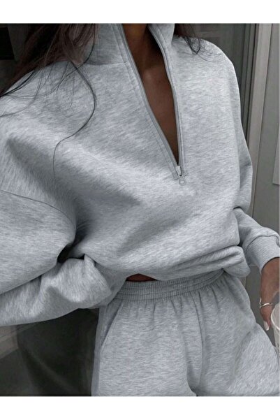 DUBU BUTİK Basic Düz Fermuarlı Eşofman Takımı Sweatshirt Jogger - Gri Oversize Şardonlu Dik Yaka