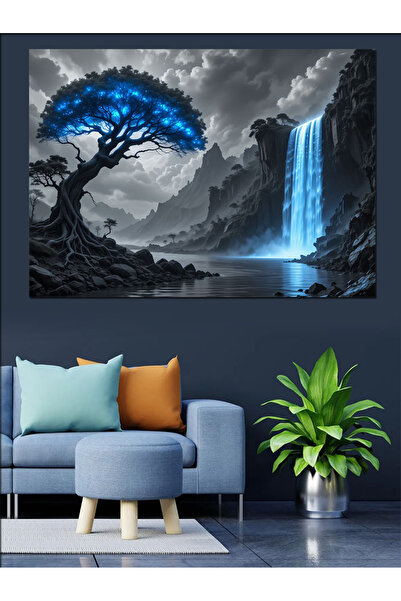 KanvasSepeti Peisaj cu copac singuratic și cascadă, pictură în ulei, texturat...