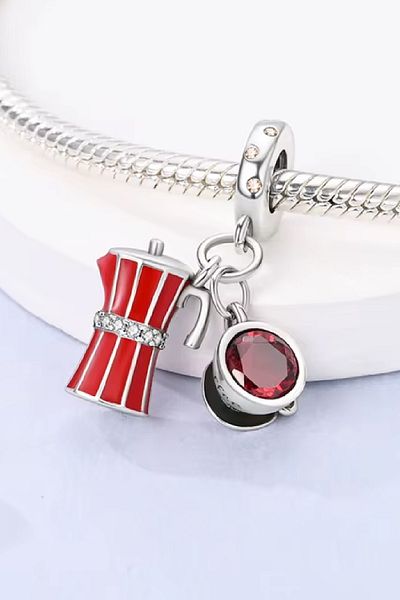 Fubena Red Pot Machine and Coffee Dangle Silver Charm