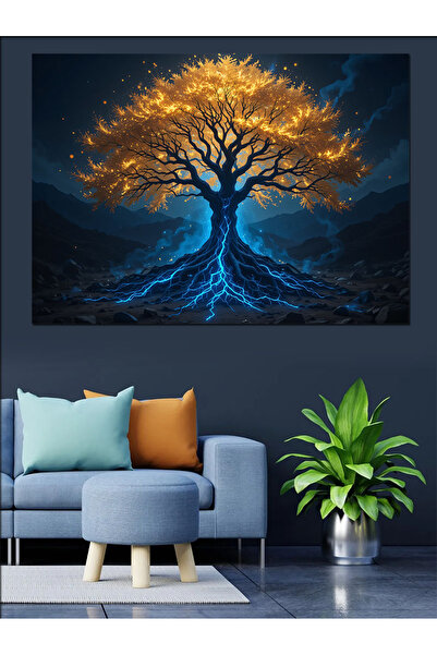 ekart Karanlıkta Parlayan Yalnız Ağaç Dekoratif Kanvas - Mdf Ahşap Tablo